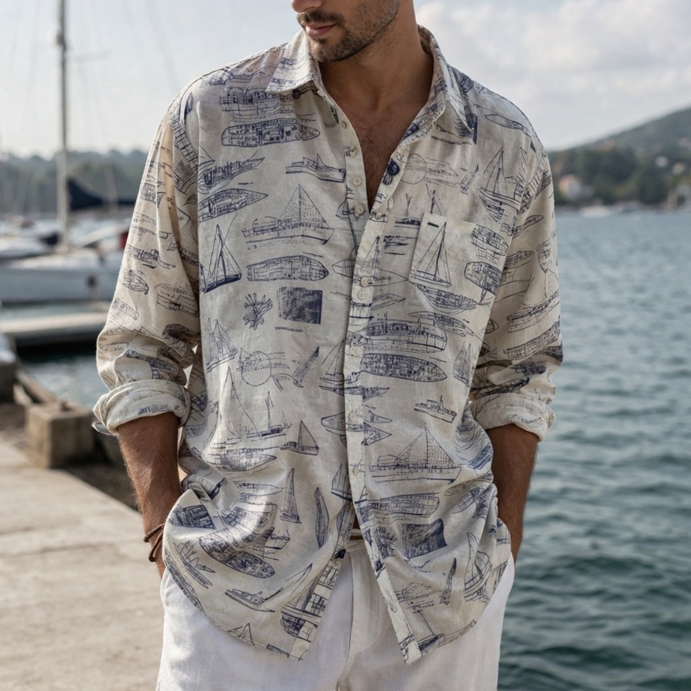 Tommy Hilfiger Mens XL Nautical Boat  Print Linen Cotton Button‎ Down Shirt
